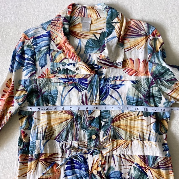 Chico’s Tropical Palm Print Linen Utility Top Womans 1P Medium 8P Tan 3/4 Sleeve - Picture 12 of 15